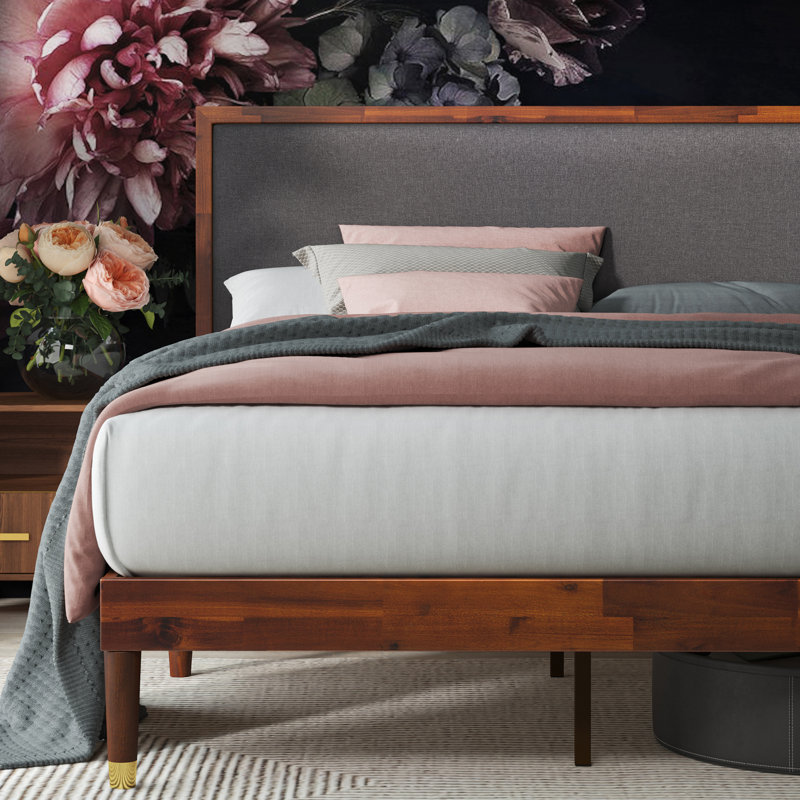 Zinus Raymond 38 inch Wood Platform Bed Frame with Adjustable Upholstered Headboard Queen